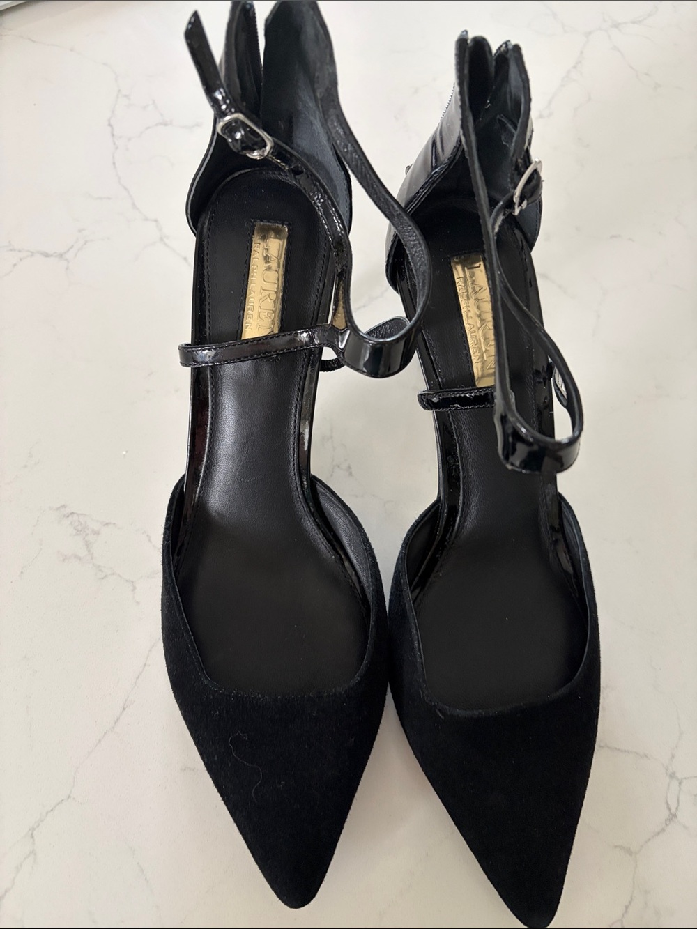 Black Pointed Ankle-Strap Women's Pumps RALPH LAUREN suede